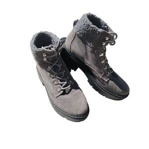Marc Fisher Grey Lug Sole Boots Sherpa Lined Lace Up Y2K Size 9.5 Medium